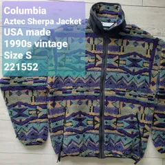 Columbiaコロンビア■極美品 1990s vintage USA製  Aztec Sherpa Jacket 総柄 フルジップ アステカ シェルパジャケット S フリース ボア ネイティブ柄 幾何学的模様
