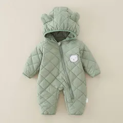 ☆ グリーン ☆ 66cm ☆ ベビージャンプスーツ pk23113 ベビー ジャンプスーツ カバーオール ロンパース アウター ベビー服 子供服 長袖 フード付き ファスナー 前開き 裏起毛 防寒 あたたかい お出かけ お散歩 雪遊び かわいい カワイイ