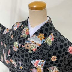 小紋 単衣 洗える着物 裄67.5 身丈162 お洒落着 普段着 ポリエステル 黒色 美品 L サイズ 3940