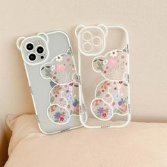 保護レンズ くまミミ 花柄 ベア かわいい おしゃれ クリア スマホケース アイフォンケース　iPhoneX/XS iPhoneXSMax iPhone11 iPhone12 iPh