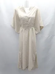 ◇ ⊂ Lowy by corners スタンドカラー Vネック 薄手 半袖 マキシ丈 ワンピース サイズM ベージュ系 レディース E  【1412090013645】