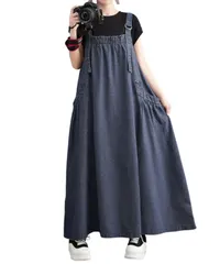 [Four leaf] かわいい カジュアル デニム ジャンパースカート 大人 サロペット スカート レディース 無地 シンプル リラックス マキシ丈 ジャンスカ ワンピース 春 夏 マキシスカート 春夏 (ネイビー, M) [ネイビー] [M]