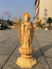 【修縁堂】木彫り 仏像 南海観音菩薩立像 彫刻 一刀彫 天然木檜材 仏師で仕上げ