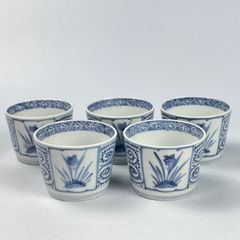 800 染付　菖蒲　蛸唐草　古伊万里　伊万里焼　骨董　アンティーク　蕎麦猪口　5客セット