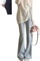 motayu18 ストレスなし 細見え スキニーパンツ レディース ズボン 黒パンツレディース ジーンズ ジーパン フレア ウエストゴム ストレッチ ハイウエスト(ライトブルー,  L)