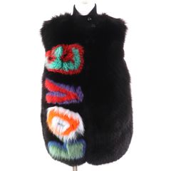 美品△FENDI フェンディ LOVE ニット切替 フォックスファー ベスト ブラック ピンク マルチカラー 38 イタリア製 正規品 レディース