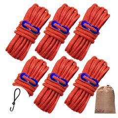 【特価商品】300kg 耐荷重 セット 自在金具 10本 / / 収納袋 8本 6本 4ｍ ストレッチコード 長さ 4mm 太さ 付き 反射材入り ガイロープ タープロープ (レッド6本＋ストレッチコード6本) テントロープ パラコード DaLaCa