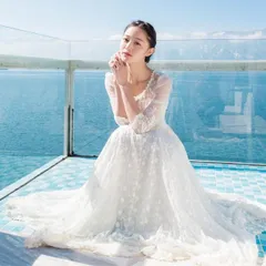 ドレス ウェディングドレス 結婚式ドレス 二次会ドレス 披露宴ドレス 花嫁ドレス ロングドレス ロング ロング丈 袖あり 7分袖 七分袖 Uネック Aライン エンパイアライン スレンダーライン レース シフォン フリル 透け感 シースルー かわいい 大人可愛い