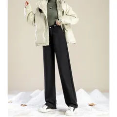 裏シャギー デニムパンツ ジーパン レディース 裏起毛 ジーンズ ワイドパンツ ゆったり ワイド ストレート バギー ハイウエスト パンツ 裏ボア フリース 起毛 韓国ファッション 防寒 秋冬 冬 温かい 服 ズボン 大きいサイズ 韓国 黒 ブラック