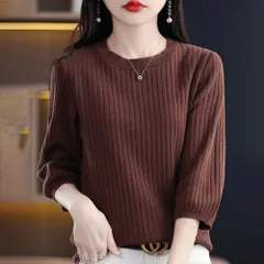 ☆ コーヒー ☆ S ☆ Tシャツ 7分袖 レディース ニット 7分袖 レディース サマーニット サマーセーター セーター ニットTシャツ 半袖ニット ニットウェア 七分袖 クルーネック 上品 きれいめ 無地 シンプル 女性 大人 おしゃれ オシャレ トップス