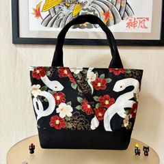 和柄ミニトートバッグ ヘビ柄 蛇と花 ブラック Dカン付き ハンドメイド メンズ レディース ストリート ハンドバッグ 帆布バッグ