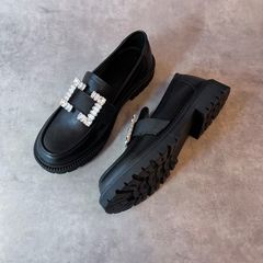 ビジュー付き本革ローファー　BLACK