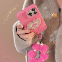 もこもこ刺繍風 ハート ピンキー ショットハンドストラップ付きスマホケースiPhone11iPhone12iPhone13iPhone14iPhone15iPhone15proiPhone15