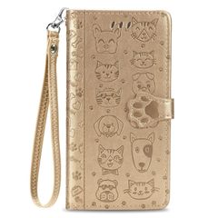 【大人気】iPhone 13 / iPhone 14 ケース 手帳型 おしゃれ 可愛い アニマル 猫 ストラップ付き マグネット式 カード収納 小銭入れ スタンド機能 アィフォン 13 / 14 かわいい ネコ 犬 手帳 カバー スマホケース (ゴールド)