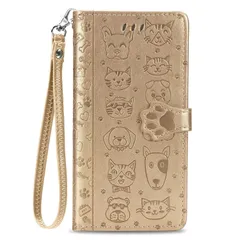 【大人気】iPhone 13 / iPhone 14 ケース 手帳型 おしゃれ 可愛い アニマル 猫 ストラップ付き マグネット式 カード収納 小銭入れ スタンド機能 アィフォン 13 / 14 かわいい ネコ 犬 手帳 カバー スマホケース (ゴールド)