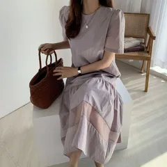 スウィート レーシング パフスリーブ ラウンドネック カジュアルワンピース