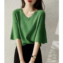 【グリーン★ＸＬ】 レディース  ニット フリル袖 T フレアスリーブ　ゆったり　体型カバー
