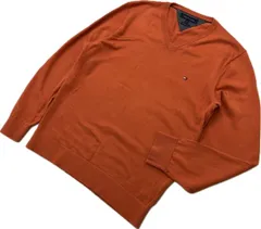 TOMMY HILFIGER ☆ トミーヒルフィガー ワンポイント ロゴ オレンジ Vネック ニット コットン セーター XL 着まわし 大人カジュアル■S3678