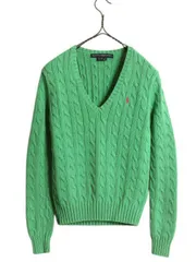【お得なクーポン配布中!】 ラルフローレン Vネック コットン ケーブル ニット セーター レディース S / 古着 ポロ 長袖ニット ワンポイント 緑 ポニー刺繍 グリーン