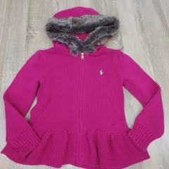 美品。RALPH LAUREN。ラルフローレン。ファーフード付きジップアップニット。ピンク系。キッズ。6号