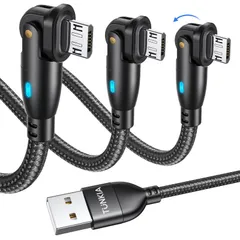 新品 Micro USB ケーブル L字型 180°回転可【1M / 1M / 2M・3本組】 2.4A急速充電 データ転送 LEDライト付き マイクロusb 充電ケーブル Micro USB Android機器対応 Type-B スマホ コントローラー イヤ