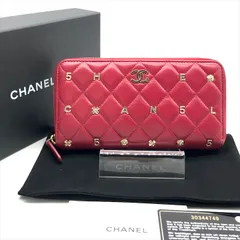 良品 CHANEL シャネル ココマーク アイコン マトラッセ ラムスキン ラウンド ファスナー 長財布 ウォレット レッド レディース a6629