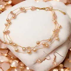 桃色の粒セット ピンクビーズ パール ワイヤーネックレス＆ピアス