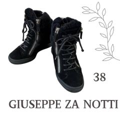 GIUSEPPE ZANOTTI ジュゼッペザノッティ スニーカー 38サイズ｜ブラック スエード ファー付き レースアップ×ダブルジップ