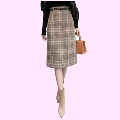 Size:XL_Color:ブラウン [エムズ モア] 膝丈スカート レディース 冬 チェック柄スカート タイトスカート ベルト付き スリット 秋 秋冬 スリットスカート ブラウン おおきい サイズ XL 茶色
