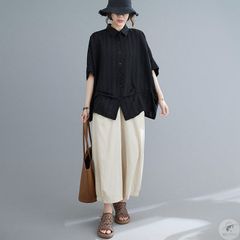 チュニック レディース 半袖シャツ 夏 半袖 折り襟 リネン ロングシャツ ボタン 無地 トップス ゆったり 体型カバー シャツ ブラウス タック フレア 夏シャツ カジュアル きれいめ リネンシャツ オシャレ min#