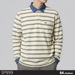 美品 Crocodile クロコダイル トップス ポロシャツ 長袖 ボーダー柄 配色襟 胸ポケット カジュアル 　ベージュ　 【SP999-00】 送料無料　古着　メンズ