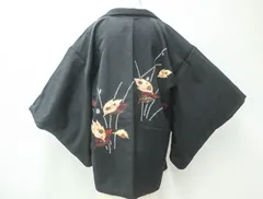 【京松】【着物】羽織 黒羽織 絵羽柄 金糸 縫取り 葉に鹿の子文 羽織紐付 身丈約77cm 裄丈約64.5cm 24z-2594