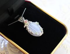 天然石ブルーレースアゲートのワイヤージュエリーネックレス✧ペンダント