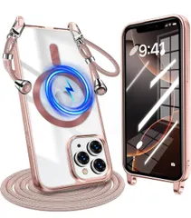 ★iPhone 16 Pro Max 用 ケース クリア ショルダー 耐衝撃 アイフォン 16 プロ マックス 用 カバー Magnetic対応 ストラップホール付き 肩掛け 紐付き TPU 斜めかけ 縄掛けケース  アイフォン 用 カバー ピンク