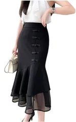 Size:M_Color:ブラック [ＪＱＢＦＬ] マーメイドスカート レディース チャイナボタン スカート OL オフィス 通勤 ハイウエスト 不規則 スカート フェミニン シンプル キレイめ 細見え 高見え (Rブラック)