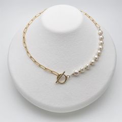 高品質 本真珠ネックレス マンテル 淡水パール ゴールド系 ステンレスチェーン