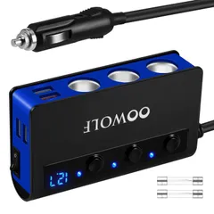 新品 OOWOLF シガーソケット 3連 4ポート付き 【Quick Charge 3.0 搭載】 USB充電器 最大180W スマートIC 急速充電 増設 カーチャージャー 12-24V車対応 独立スイッチ シガーライター機能搭載 1mケーブル 電圧測定 電