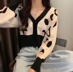 春服 秋服 Vネック ショート丈 カーディガン ヒョウ柄 大人 韓国