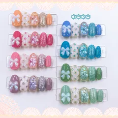 ネイルチップ　パールリボン　オレンジ　レッド　ピンク　パープル　ブルー　ライトブルー　グリーン　ライトグリーン　推しネイル