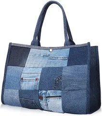 NOBLE RILEY（ノーブルライリー） トートバッグ 肩掛け 大容量 丈夫 デニムバッグ パッチワーク bag かばん 鞄 レディース カジュアル(インディゴブルー)