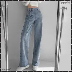 デニムストレートパンツ ハイウエスト韓国レディース セミワイドパンツ ストリート ロングパンツ 切りっぱなし ジーパン カジュアル ズボン お洒落 ジーンズ4連ボタンデザイン 美脚デニム春夏秋冬 脚長ジーパン着やせ