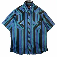 ラングラーWrangler半袖シャツ半袖ウエスタンシャツストライプ黒ブラック青ブルー寒色系スナップボタンvintageヴィンテージ41213