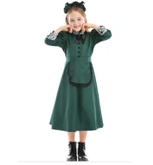 新品 [Buring Go] 洋館 メイド服 ロング 長袖 ワンピース コウモリ カチューシャ 2点セット メイド エプロン コスプレ衣装 ハロウィン 仮装 緑 子供 大人 舞台服 ピアノ 発表会 演奏会 イベント 可愛い
