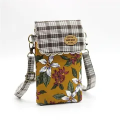 スマホショルダー スマホポーチ ポシェット バッグ 収納 斜め掛け ハンドメイド風 フラワー 花柄 綿 コットン レース イエロー ブラウン おしゃれ