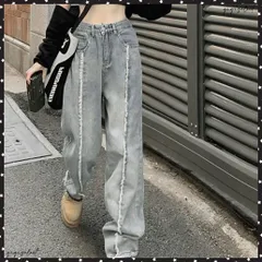 センターラインデニムパンツ ヴィンテージ レディース ハイウエストダメージデニム センタープレス風ワイドパンツ 着やせストレートパンツ 美脚脚長Gパン20代30代 細見えデニムレトロ 切りっぱなしズボン カジュアルジーンズ