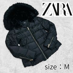 ZARA ザラ ダウンジャケット フード ブルゾン ジャンパー ブラック Mサイズ ダウン フェザー Aライン ファー