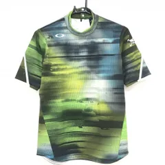 【超美品】オークリー 半袖ハイネックシャツ ライトグリーン×黒 総柄 バックファスナー レディース M ゴルフウェア 2023年モデル Oakley