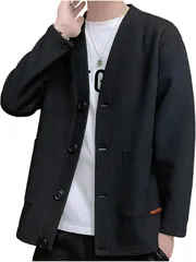 X-cross クロス Vネックカーディガン メンズ 長袖 大きめ ビジネス カジュアル 御洒落 アウター おしゃれ ボタン ジャケット ポケット付き 大きいサイズ ノーカラー あったか ゆったり ミディアム丈(ブラック,  M)