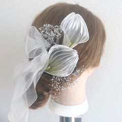 カラー　ヘッドドレス　シルバー　かすみ草　リボン（一部ゴールド変更可）