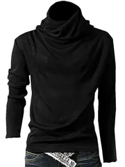 [aspersio] (アスペルシオ) メンズ モックネック 無地 インナー シャツ カジュアル ゆったり ハイネック カットソー タートルネック 大きい サイズ 大き目 大きめ ゆる ウェア スリム ロング丈 ロング 長袖 スマート 防 [ブラック] [L]